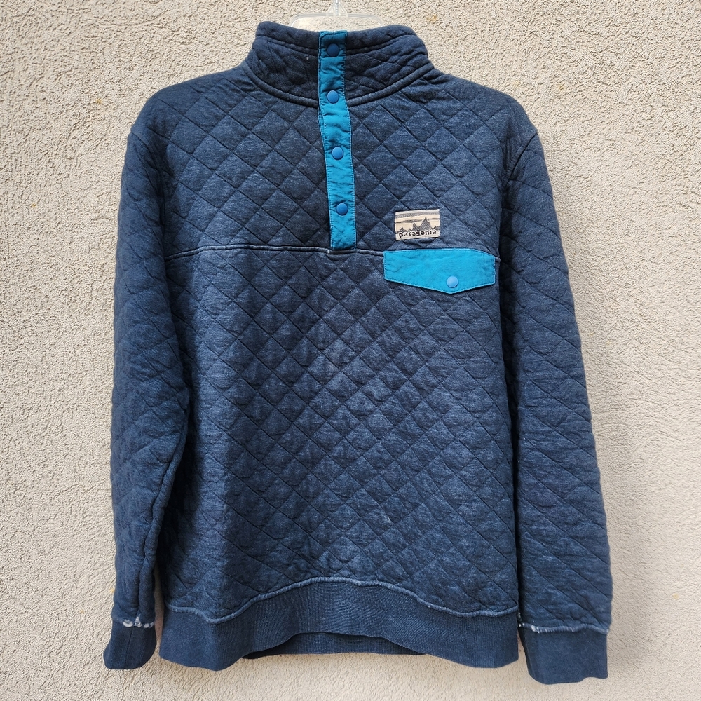 PATAGONIA Men's Snap-T Medium Blue Quilted Distressed Grunge Outdoor Sweatshirt
